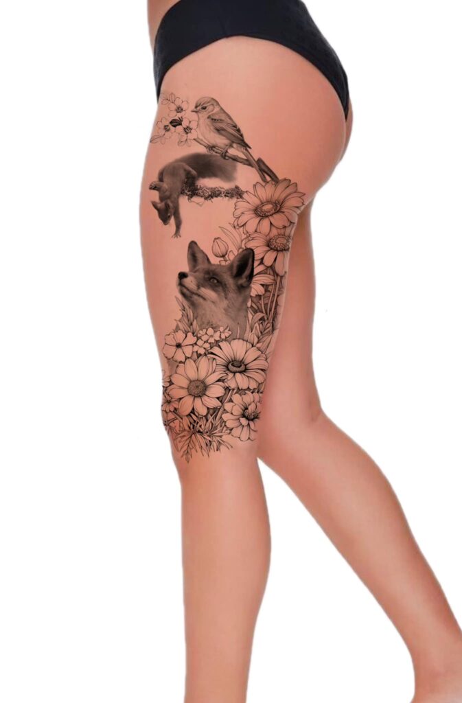 az-tattoo - illustration tatouage cuisse écureuil et oiseau avec ornement floral