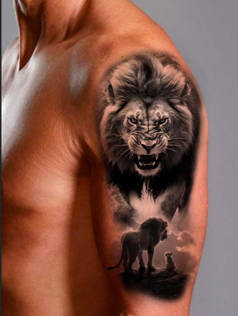 az-tattoo - illustration tatouage épaule tête de lion féroce et en dessous un lion avec son petit