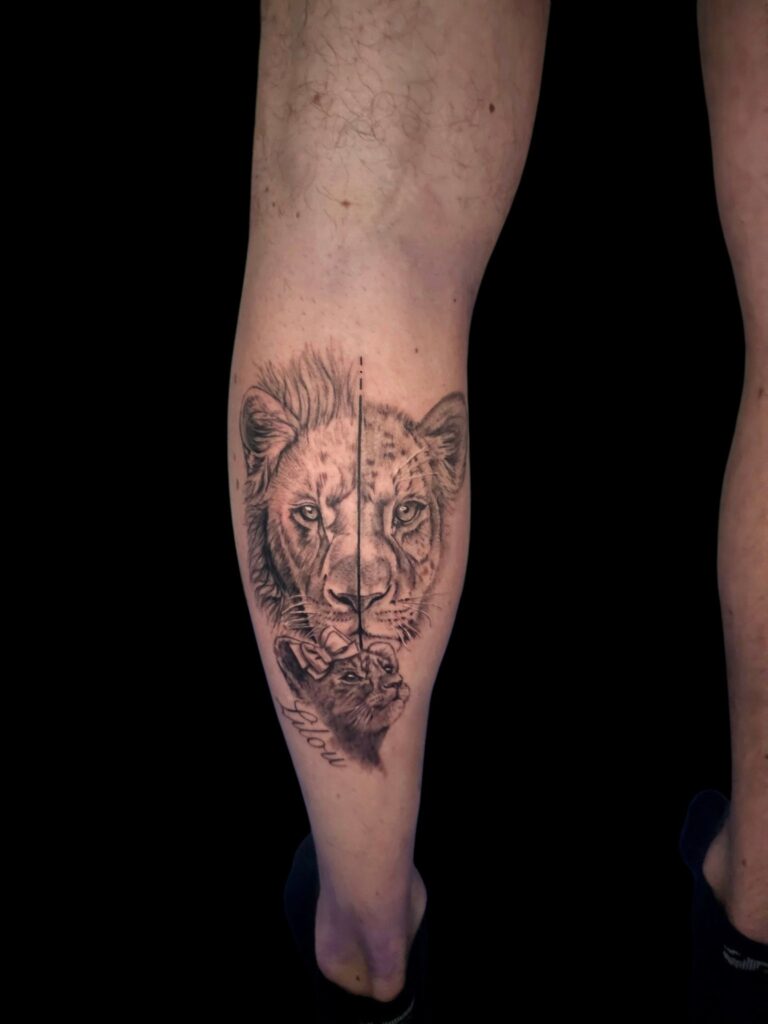 az-tattoo - tatouage mollet tête de lion